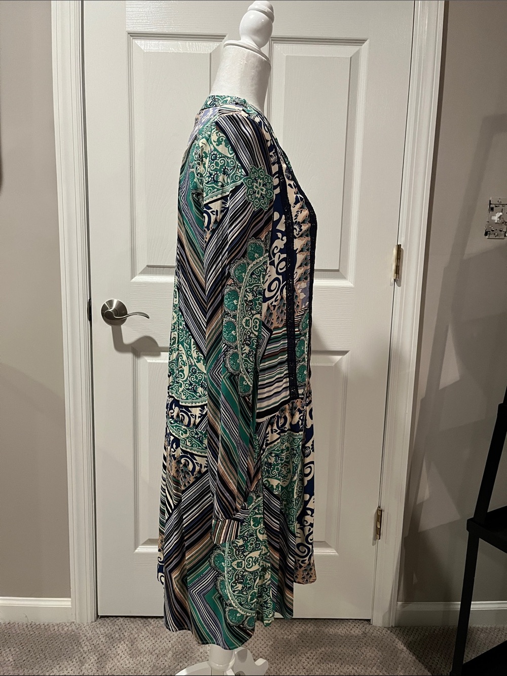 Mixed Print Long-Sleeve Dress in Green and Navy - Picture 5 of 7